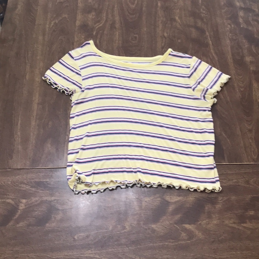 Pink, blue, and yellow striped tee.